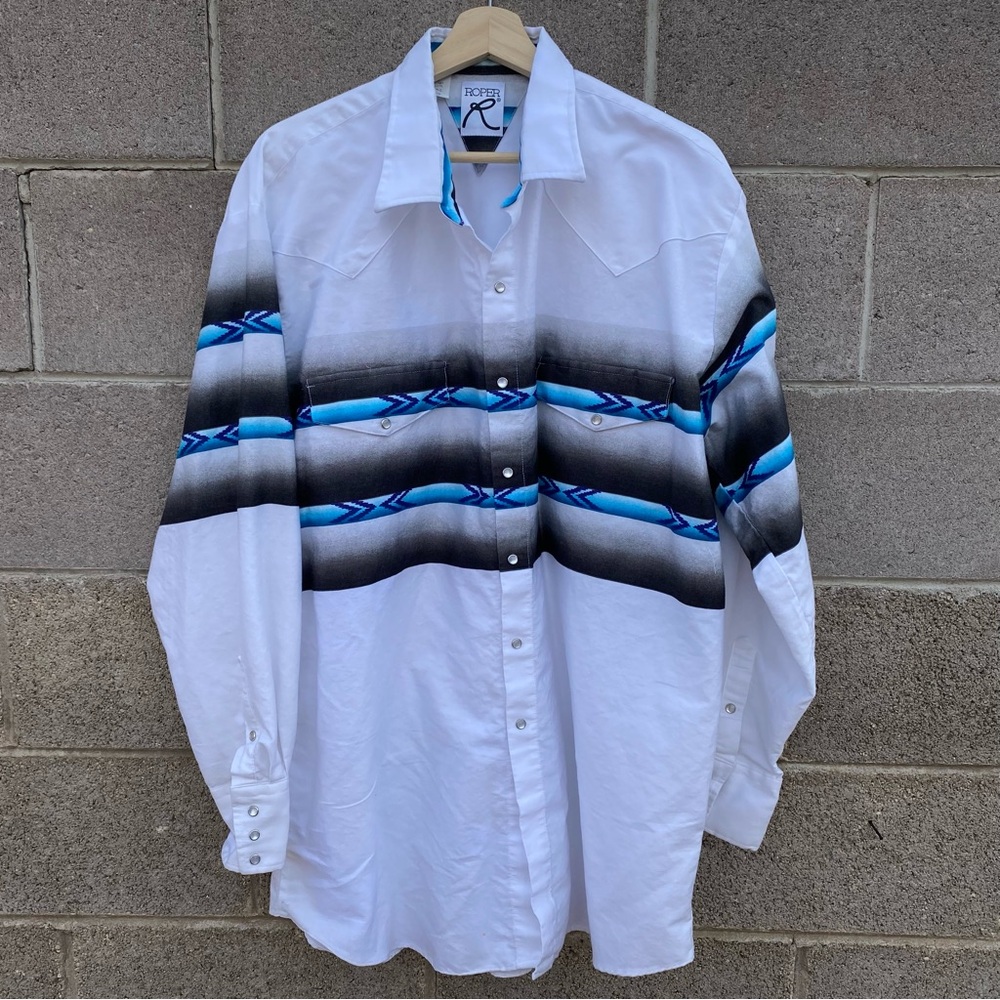 Roper White and Black Men's Shirt with Blue Accents
